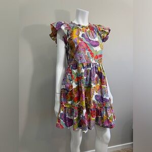 CAROLINE CONSTAS Papillon Flutter Sleeve Butterfly Floral Tiered Mini Dress